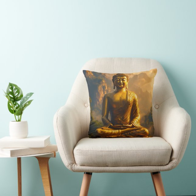 Gilded Seated Buddha Under a Sunset Sky Throw Pillow (Chair)
