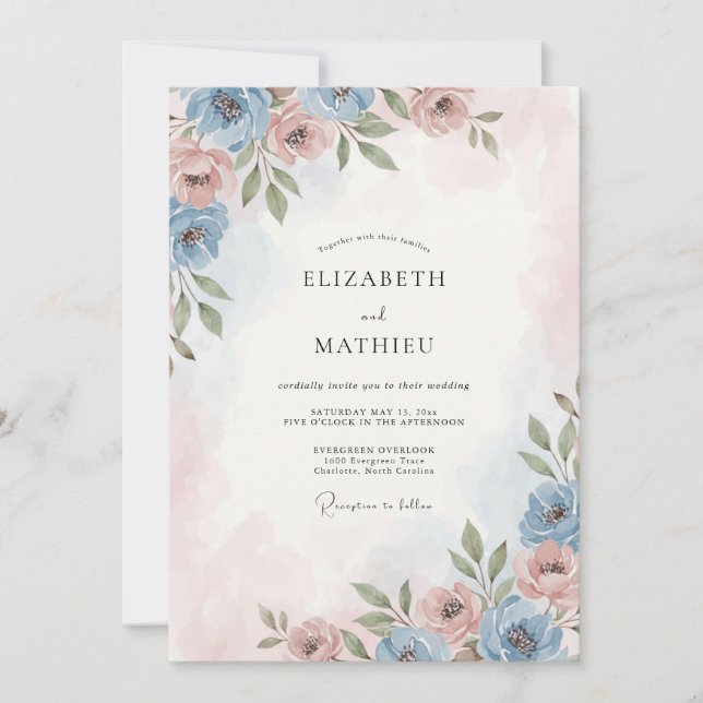 Gilded Sky Blue Blush Rose Wedding Invitation (Front)