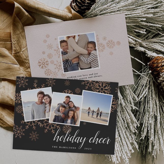 Gilded Snow | Rose Gold Snowflake Photo Collage Holiday Card (Creator Uploaded)