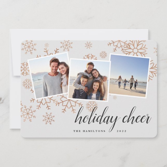 Gilded Snow | Rose Gold Snowflake Photo Collage Holiday Card (Front)