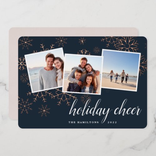 Gilded Snow  Snowflake Photo Collage Rose Gold Foil Holiday Card
