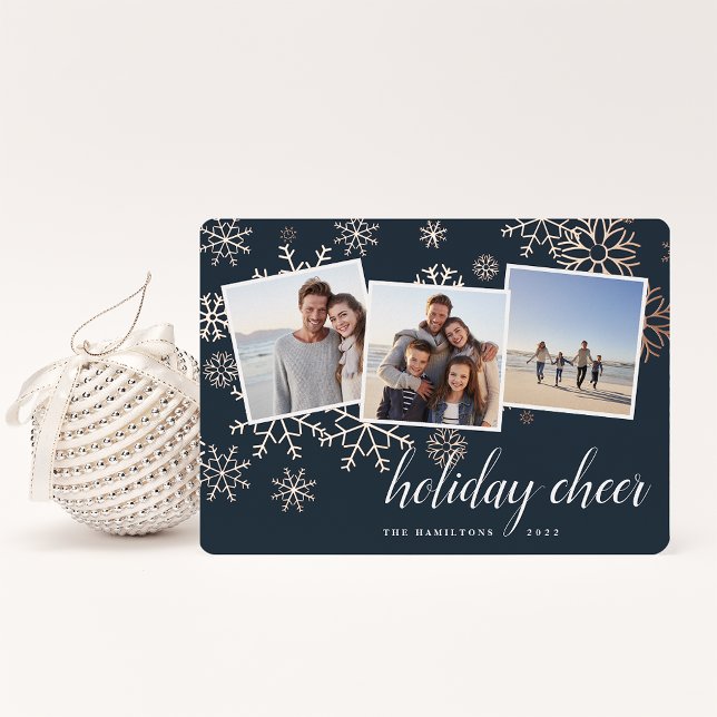 Gilded Snow | Snowflake Photo Collage Rose Gold Foil Holiday Card (Creator Uploaded)