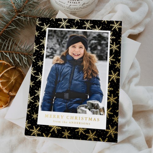 Gilded Snowflakes Photo Black and Gold Foil Holiday Card