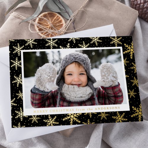 Gilded Snowflakes Photo Black and Gold Foil Holiday Card