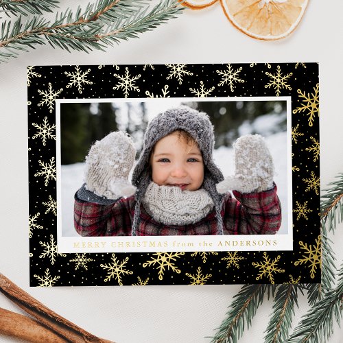 Gilded Snowflakes Photo Black and Gold Foil Holiday Postcard