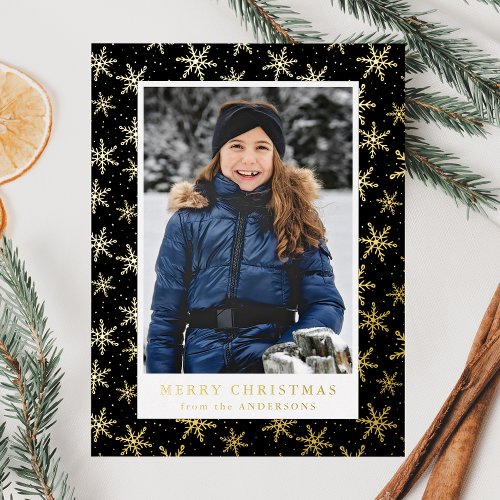 Gilded Snowflakes Photo Black and Gold Foil Holiday Postcard