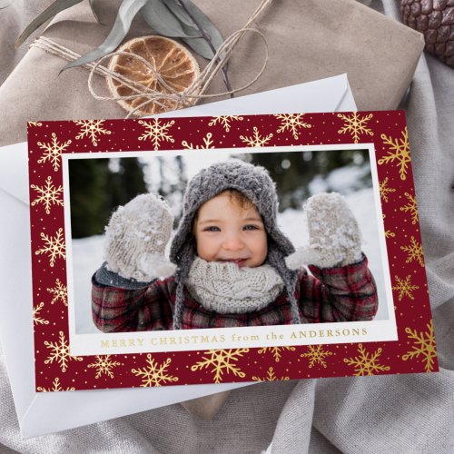 Gilded Snowflakes Photo Cranberry and Gold Foil Holiday Card