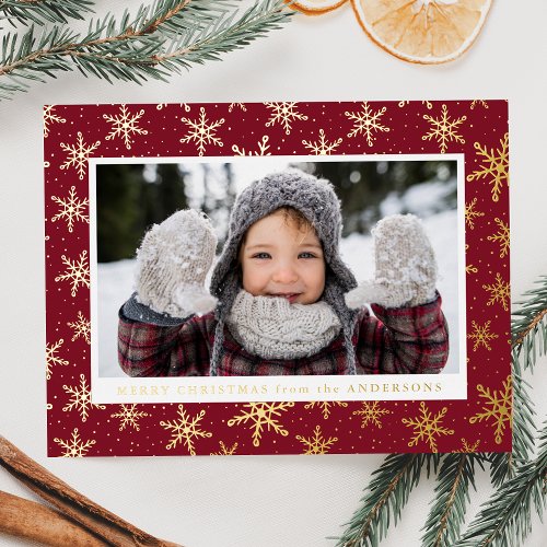 Gilded Snowflakes Photo Cranberry and Gold Foil Holiday Postcard