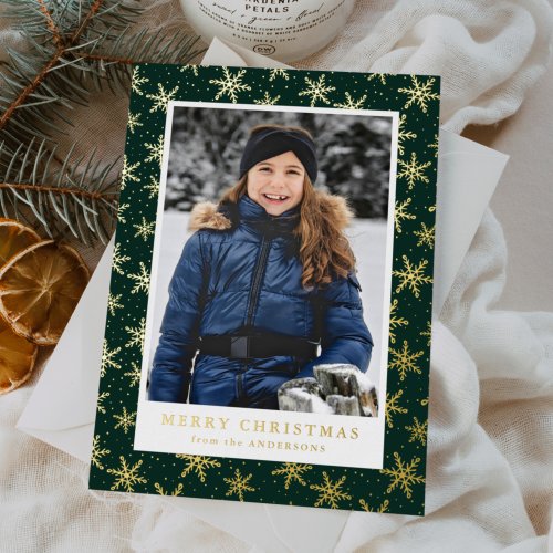 Gilded Snowflakes Photo Green and Gold Foil Holiday Card