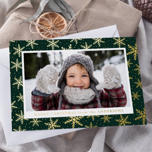 Gilded Snowflakes Photo Green and Gold Foil Holiday Card