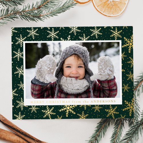 Gilded Snowflakes Photo Green and Gold Foil Holiday Postcard