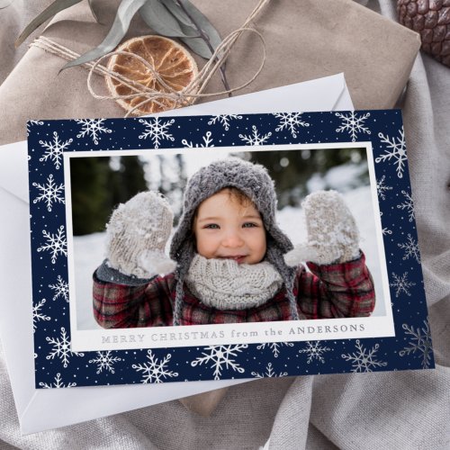 Gilded Snowflakes Photo Navy and Silver Foil Holiday Card