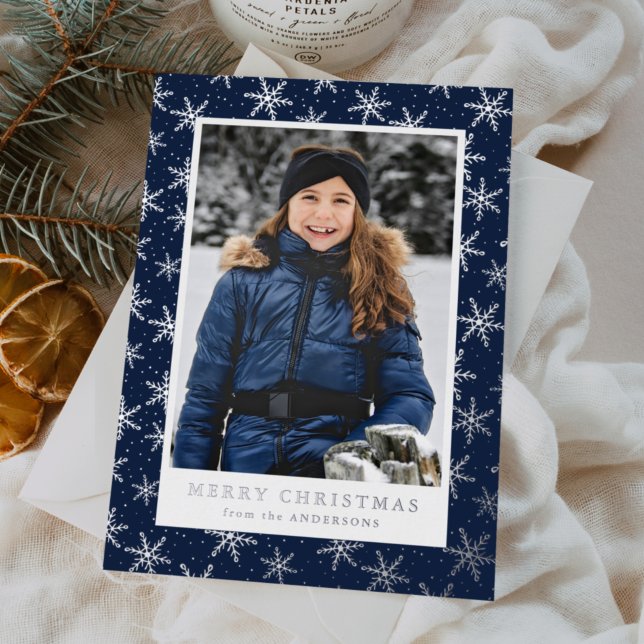 Gilded Snowflakes Photo Navy and Silver Foil Holiday Card (Creator Uploaded)