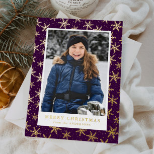 Gilded Snowflakes Photo Purple and Gold Foil Holiday Card