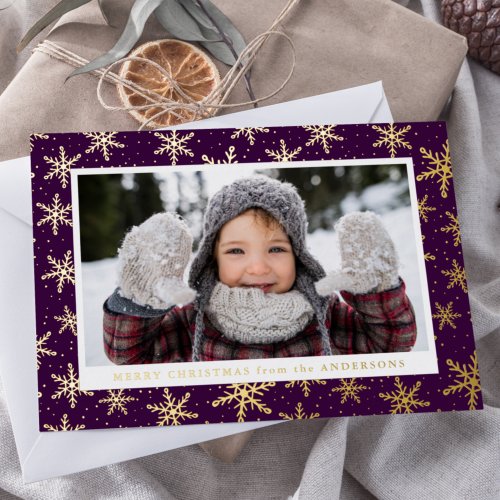 Gilded Snowflakes Photo Purple and Gold Foil Holiday Card
