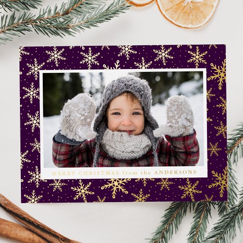 Gilded Snowflakes Photo Purple and Gold Foil Holiday Postcard