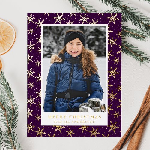 Gilded Snowflakes Photo Purple and Gold Foil Holiday Postcard