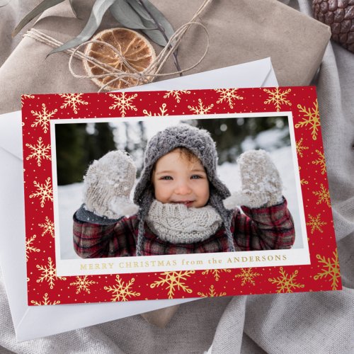 Gilded Snowflakes Photo Red and Gold Foil Holiday Card