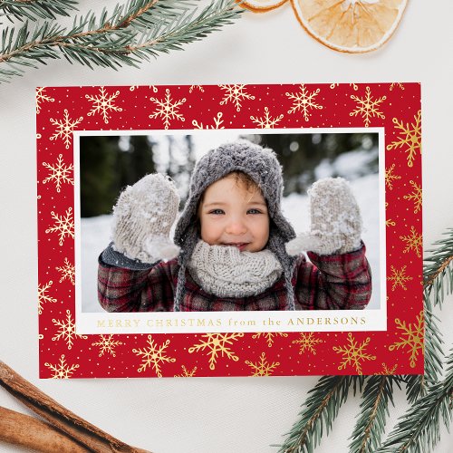 Gilded Snowflakes Photo Red and Gold Foil Holiday Postcard