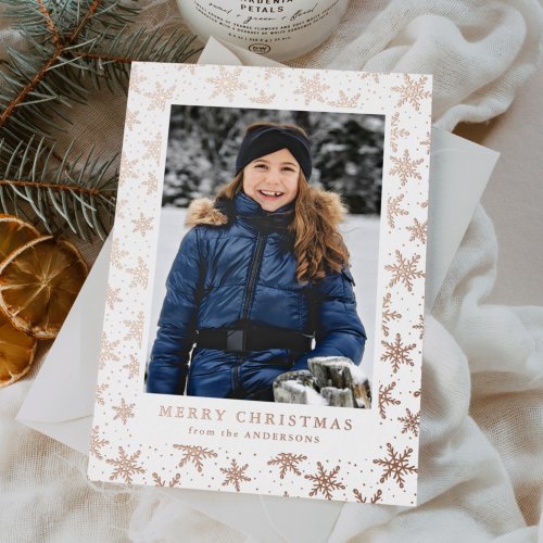 Gilded Snowflakes Photo Rose Gold Foil Holiday Card