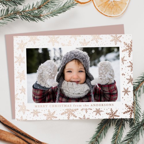 Gilded Snowflakes Photo Rose Gold Foil Holiday Card