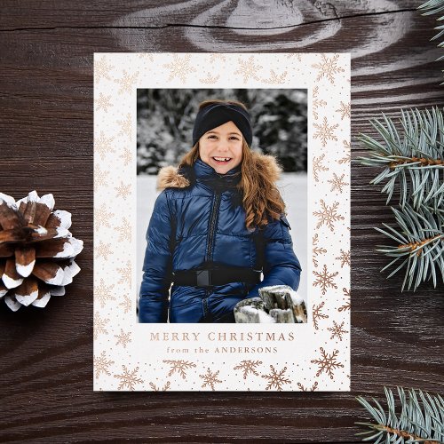 Gilded Snowflakes Photo Rose Gold Foil Holiday Postcard