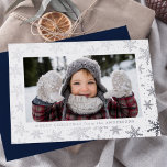 Gilded Snowflakes Photo Silver Foil Holiday Card<br><div class="desc">Elegant holiday photo card featuring your horizontal photo framed by beautiful silver foil snowflakes with a white background. Personalize the silver foil snowflake holiday card with a custom holiday greeting and your family name. The foil Christmas card reverses to a solid navy background.</div>