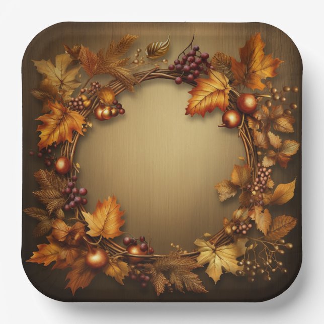Gilded Treasures of Fall: Wreath Harvest Paper Plates (Front)