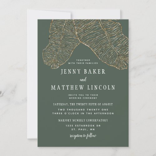 Gilded Tropics Gold Green Leaves Wedding Invitation