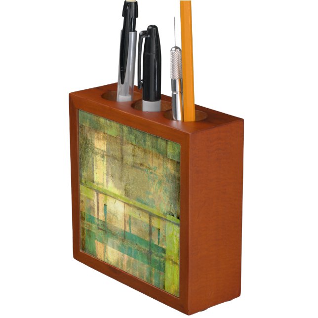 Gilded Turquoise and Green Abstract Painting Desk Organizer (In Situ)