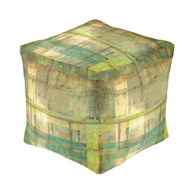 Gilded Turquoise and Green Abstract Painting Pouf (Angled Front)