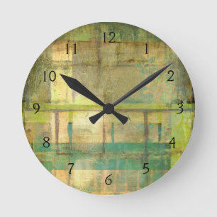 Gilded Turquoise and Green Abstract Painting Round Clock