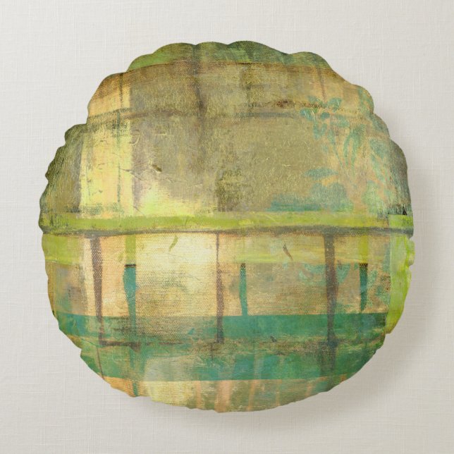 Gilded Turquoise and Green Abstract Painting Round Pillow (Front)
