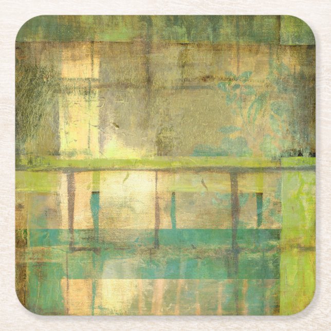 Gilded Turquoise and Green Abstract Painting Square Paper Coaster (Front)