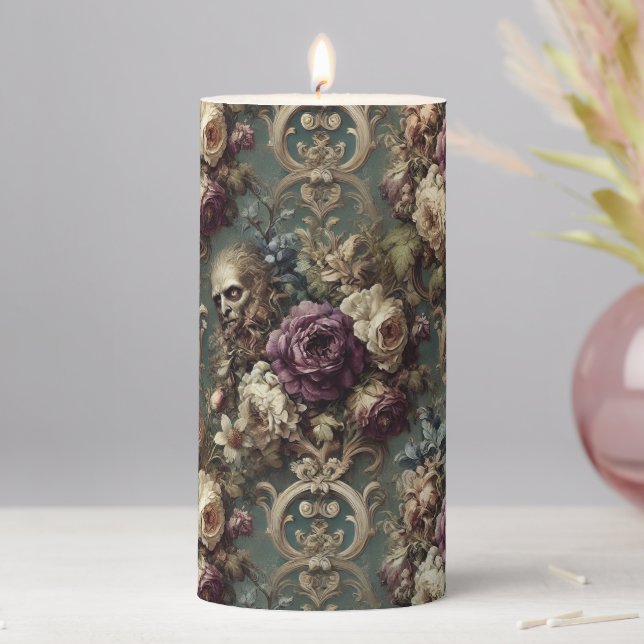Gilded Unease – Gothic Altar in Tapestry Pillar Candle (In Situ)
