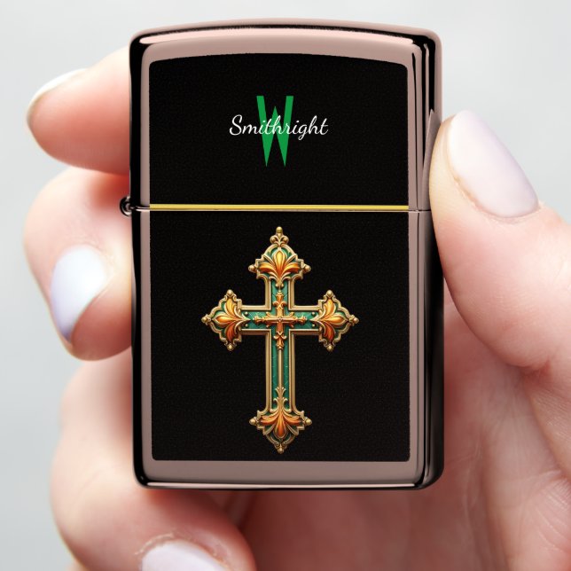 Gilded Verdant Cross Zippo Lighter (In Hand)