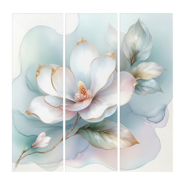Gilded White Magnolia Flower Triptych (Front)