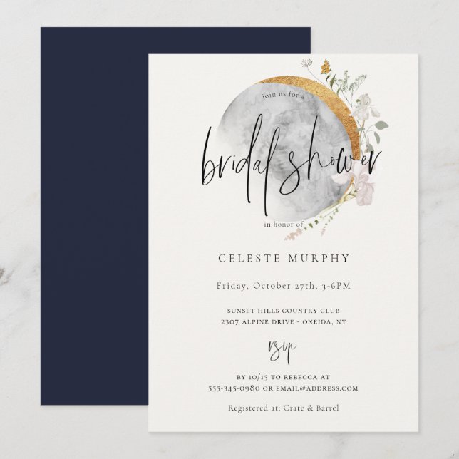 Gilded Wildflower Moon Bridal Shower Invitation (Front/Back)
