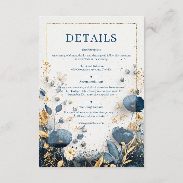 Gilded Wildflower Navy and Gold Wedding Enclosure Card (Front)