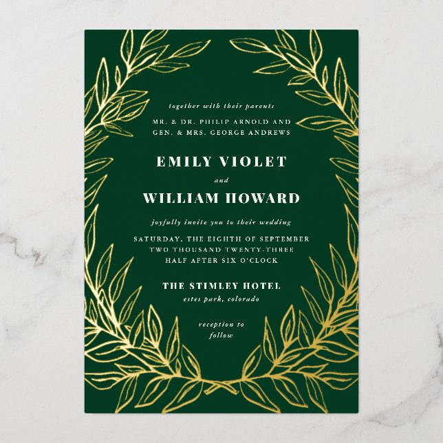 Gilded Wreath Formal Wedding Foil Invitation (Front)