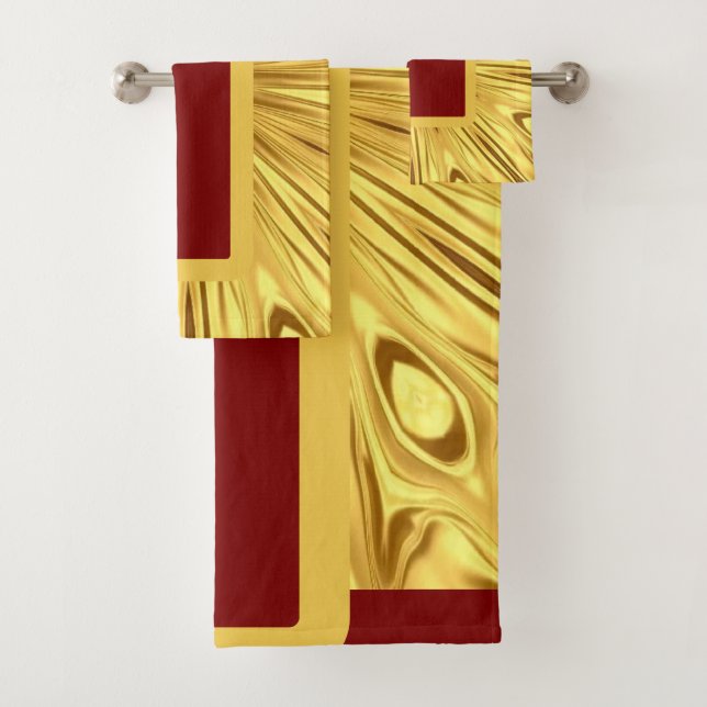 Gilded Zenith: Opulent Swirl | Crimson Gold Luxury Bath Towel Set (Insitu)