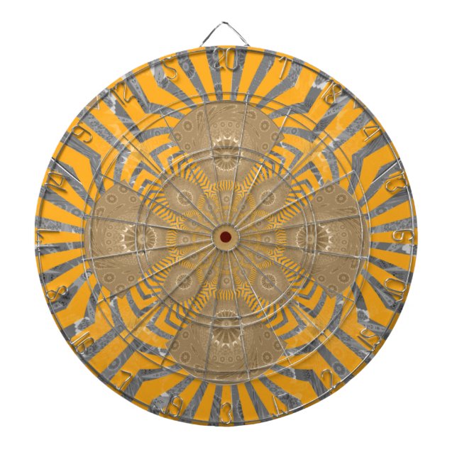 Gilded Zephyr: Elegance in Golden Yellow & Chrome Dartboard With Darts (Front)