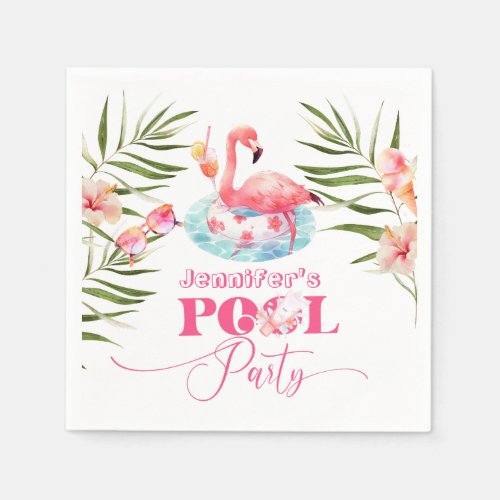 Gilr pool birthday party pink flamingo  napkins