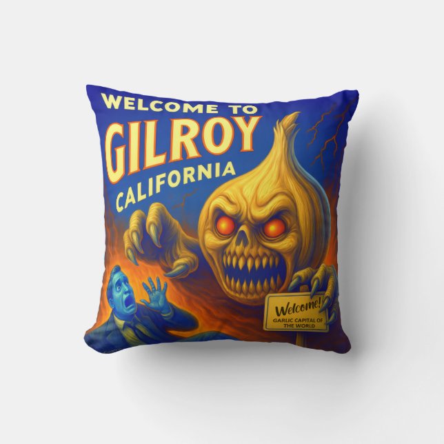 GILROY, CALIFORNIA 16" X 16" GARLIC THROW PILLOW. THROW PILLOW (Front)