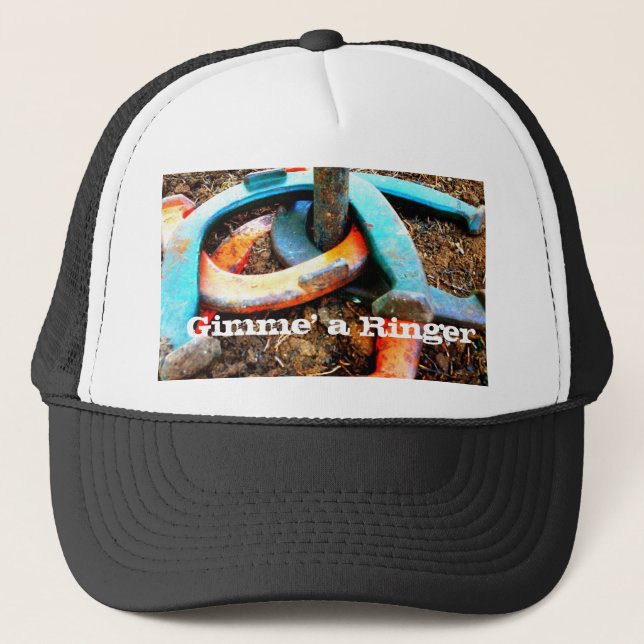 Gimme' a Ringer Horseshoe Pitching Gifts Trucker Hat (Front)