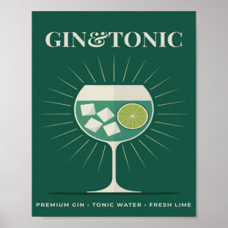 Gin and Tonic Retro Dark Green Cocktail Graphic Poster