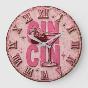 Gin Martini Pink Retro Cocktail Bar Decor Large Clock
