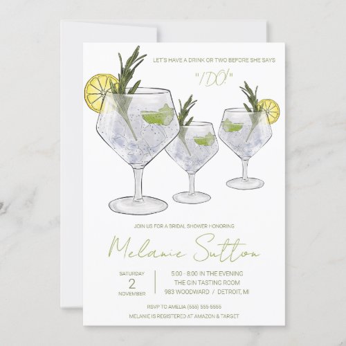 Gin  Tonic Cocktail Drinks Bridal Shower Invitation