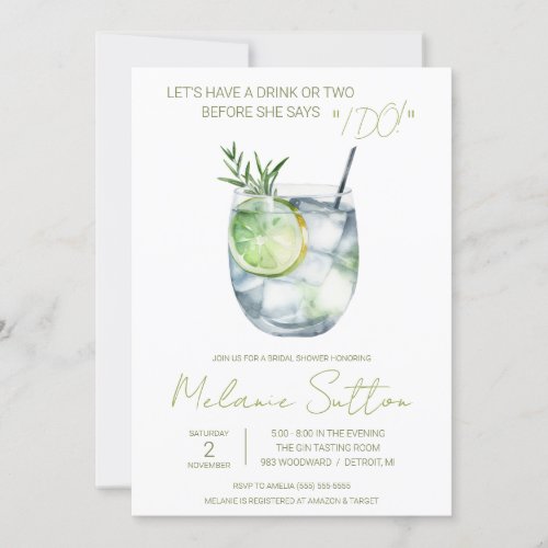 Gin  Tonic Cocktail Drinks Bridal Shower Invitation