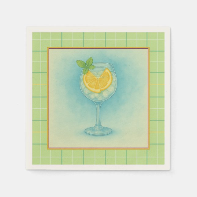 Gin & Tonic Cocktail Napkin – Mint Plaid (Front)